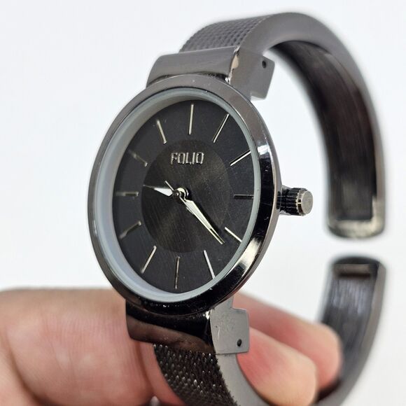 Folio Women's Cuff Watch 32MM Black Dial Black Bracelet Band 5.5" New Battery - Picture 2 of 13